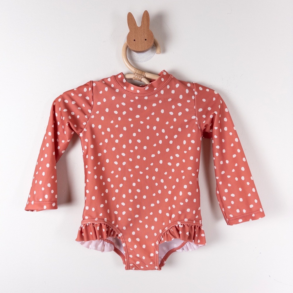 H&M Swimsuit Kids 9-12M Rust Orange Polka Dot Long Sleeve Ruffle Rash Guard